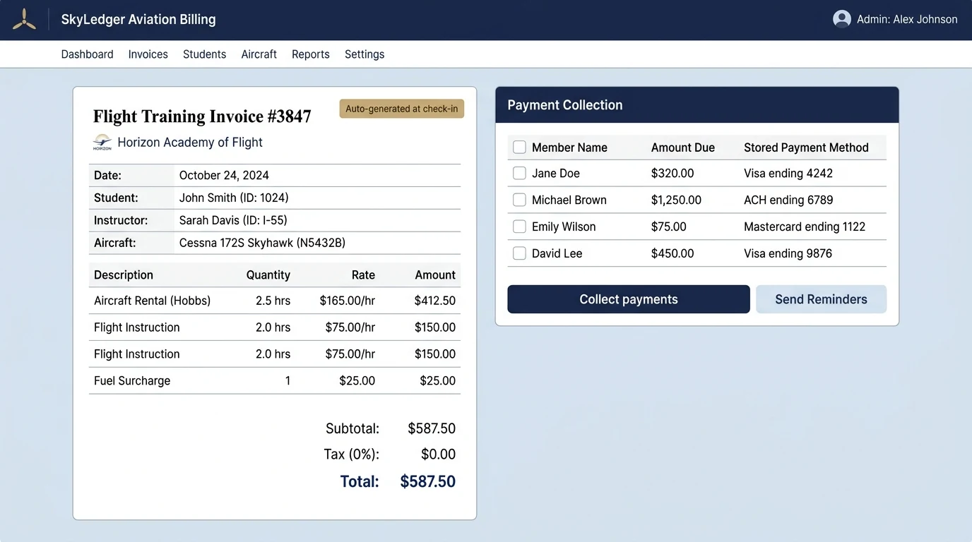 Flight training invoice with Hobbs time, instruction, and fuel surcharge line items beside a payment collection panel with stored payment methods