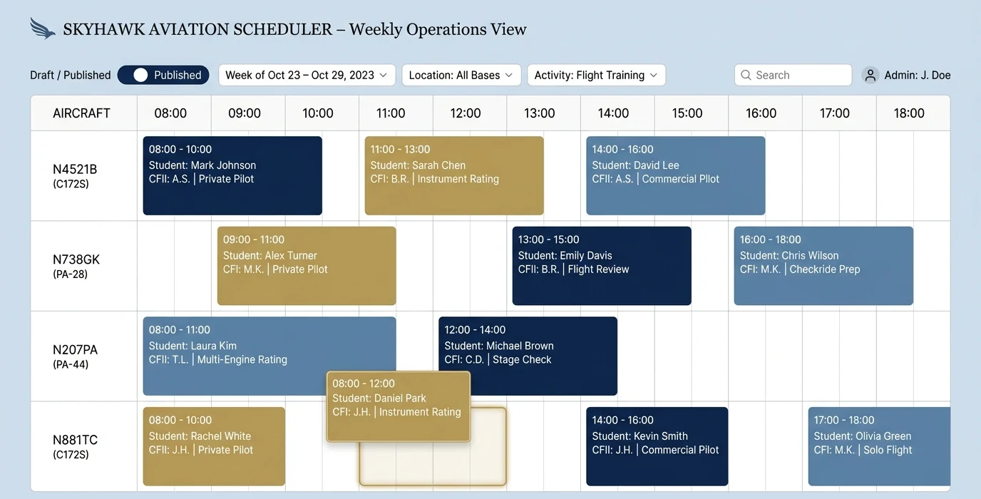 Weekly flight school schedule board with aircraft rows by tail number and color-coded dual, solo, and rental reservation blocks assigned to instructors
