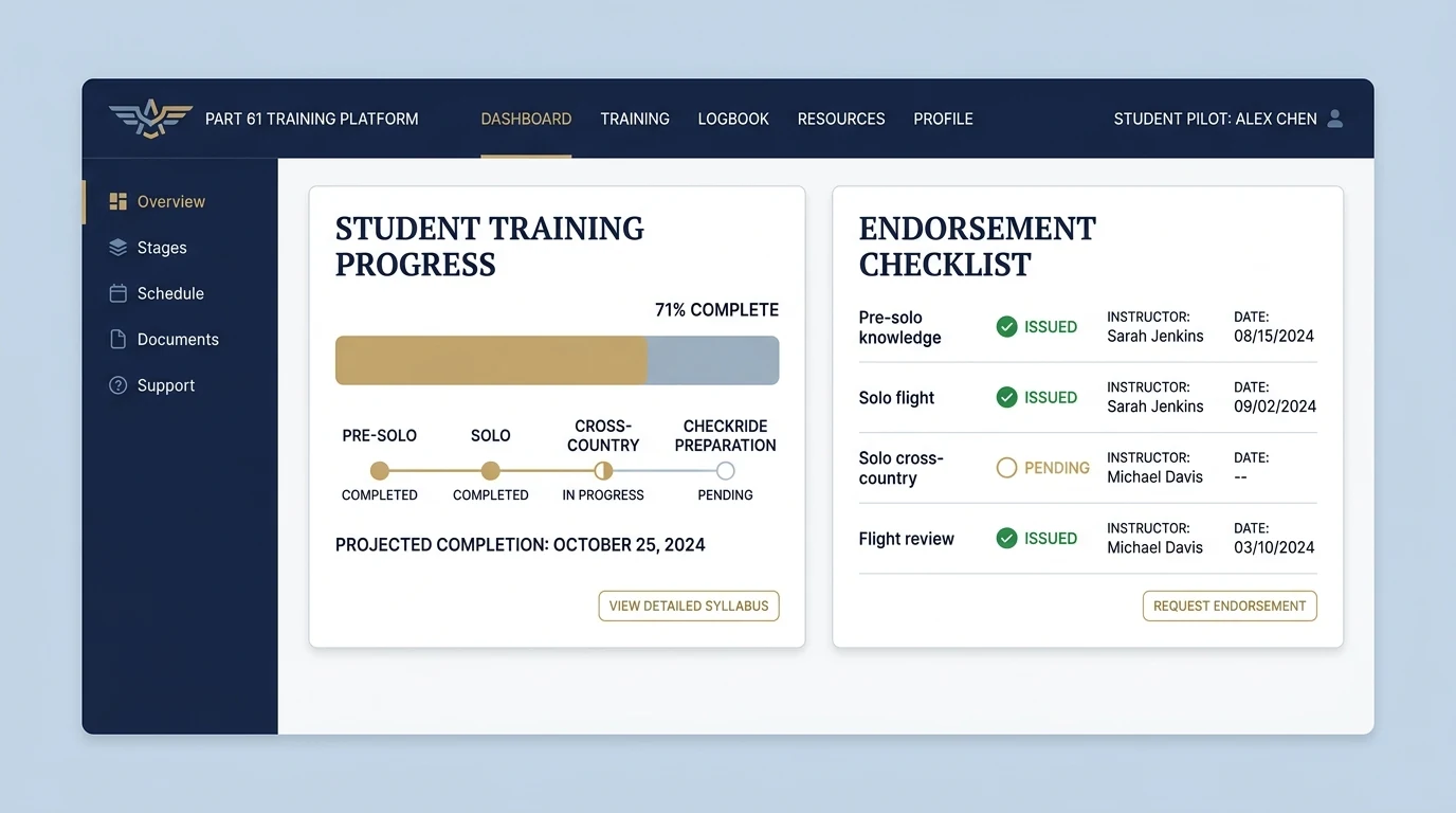Student training dashboard with a stage-by-stage progress bar and an endorsement checklist showing issued and pending items with issuing instructors