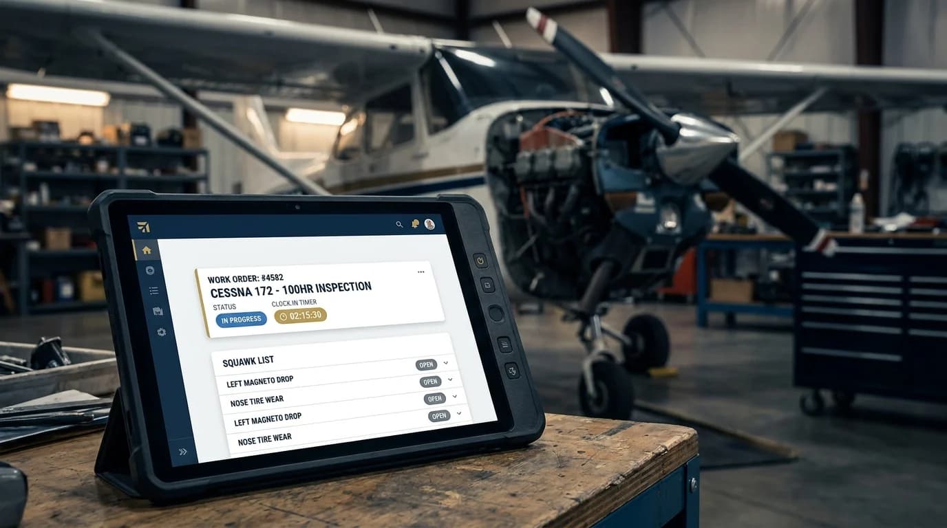 Tablet on a hangar workbench showing a work order and squawk list, with a single-engine training aircraft in the background
